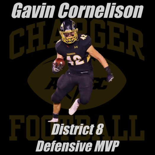 ‼️District 8 Defense MVP‼️

⚡️Junior Gavin Cornelison⚡️

Even missing 2 games, Gavin finished the year with 44.5 TKLs &amp; 6.5 TFLs. 

His presence was felt on offense, also. He rushed for 14 TDs and 916 yds. 

Gavin currently sits 3rd all time in TKLS &amp; 1st in rushing yds &amp; TDs.