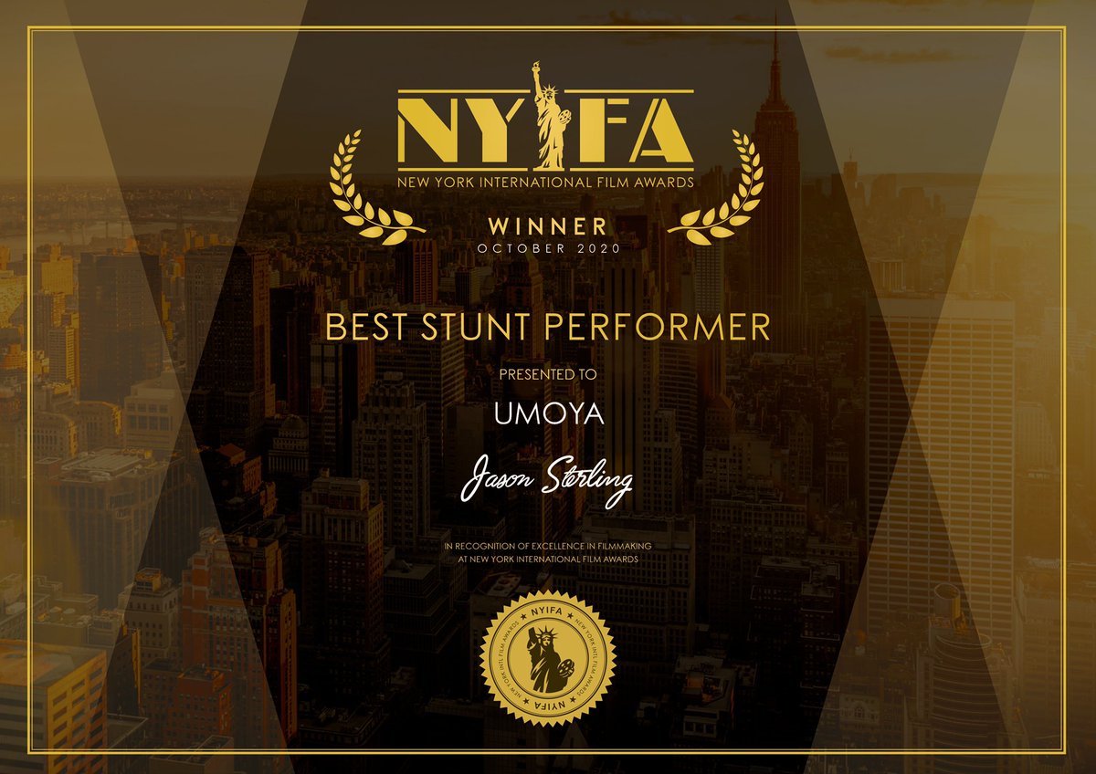 JSFilms3's tweet image. UMOYA WINS 3 AWARDS!

UMOYA, and JS FILMS, and TEAM STERLING continues their climb with 3 wins at the NEW YORK INTERNATIONAL FILM AWARDS. The Awards are....

BEST FILM NOIR: Umoya

BEST STUNT PERFORMER: Jason Sterling

BEST FIGHT CHOREOGRAPHY: Jason Sterling