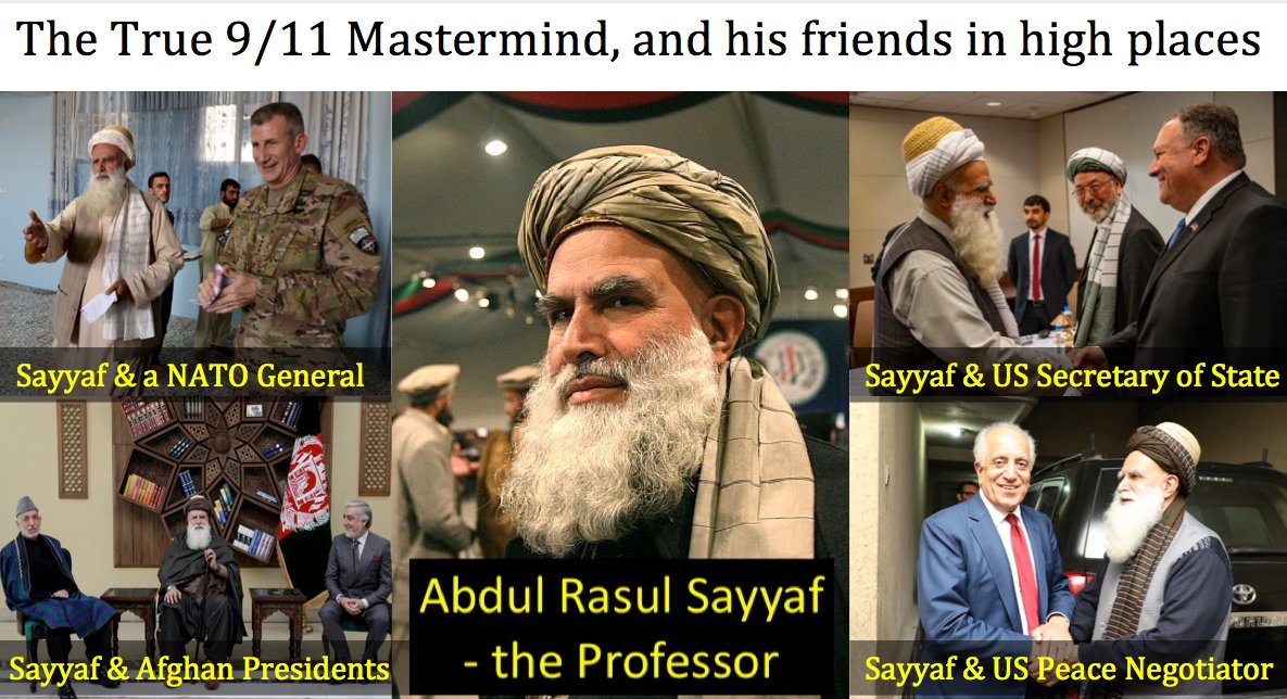 MancunianQuiet's tweet photo. Abdul Rasul Sayyaf is an Afghan religious professor, twitter: @UstadSayaf
#Sayyaf is also a Saudi sponsored Wahhabi warlord with Filipino terror group #AbuSayyaf named in his honour
Sayyaf was instrumental in 9/11: training KSM & assassinating Massoud 2-days before the attacks https://t.co/79AQISLscL