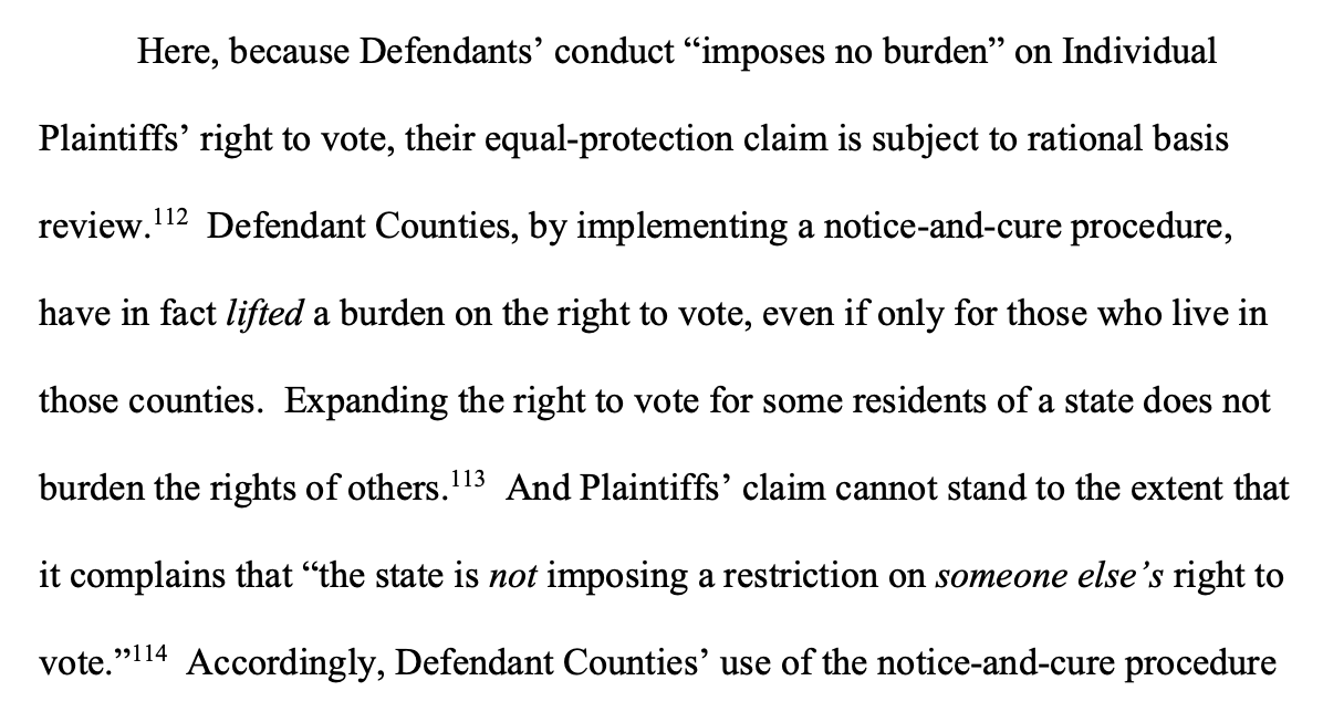 Then, Brann considers how he would have ruled on the merits claims: "Even if Plaintiffs had standing, they fail to state an equal-protection claim." As to the individual plaintiffs who lived elsewhere in counties without vote-curing procedures ...