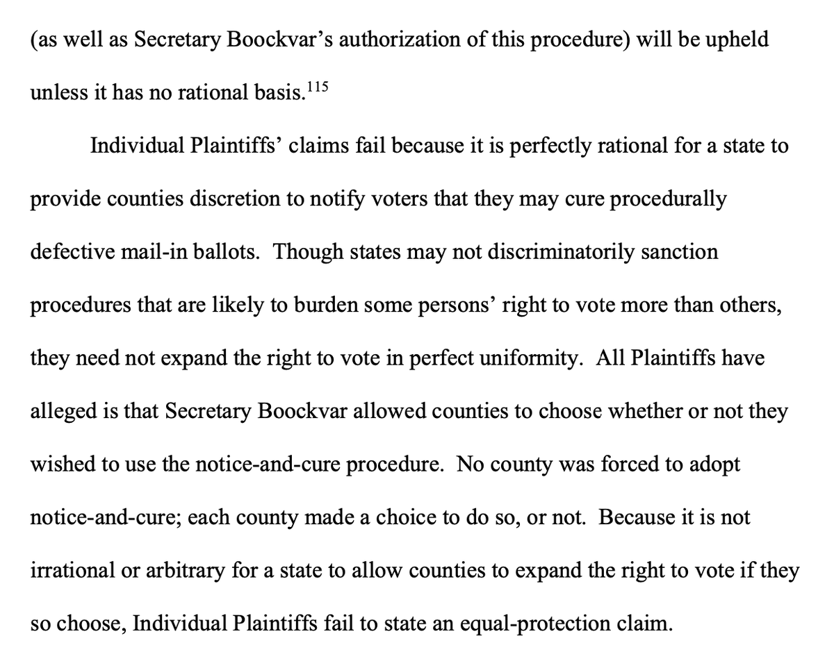 Then, Brann considers how he would have ruled on the merits claims: "Even if Plaintiffs had standing, they fail to state an equal-protection claim." As to the individual plaintiffs who lived elsewhere in counties without vote-curing procedures ...