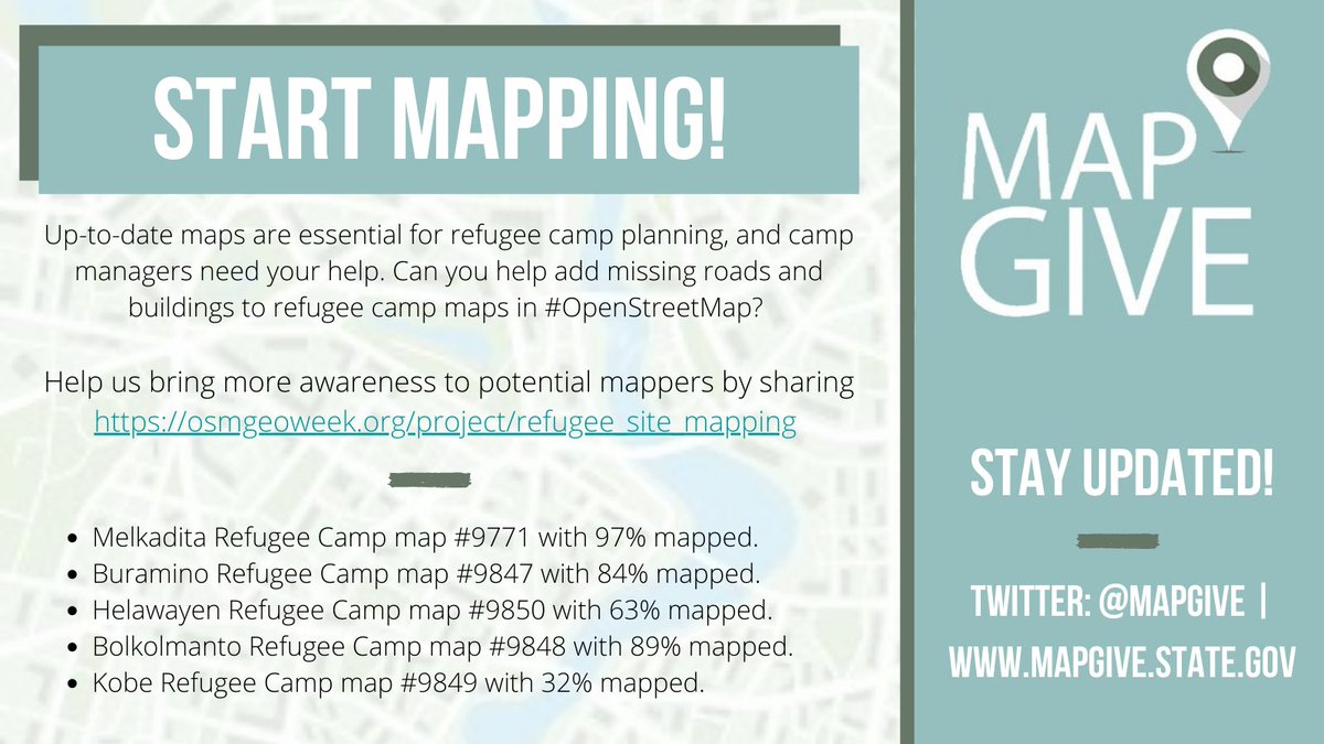 MapGive's tweet image. Up-to-date maps are essential for refugee camp planning, and camp managers need your help. Can you add missing roads and buildings to refugee camp maps in #OpenStreetMap? Help us bring more awareness to potential mappers by sharing osmgeoweek.org/project/refuge… #osmgeoweek2020 #geoweek