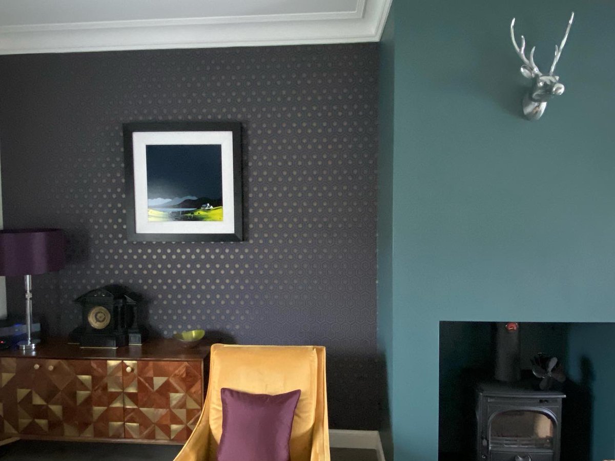 Extremely pleased with how the living room turned out. Walls painted with @farrowandball #purbeckstone and chimney #inchyrablue and pairs really well with @Cole_And_Son #hickshexagon #mycoleandson