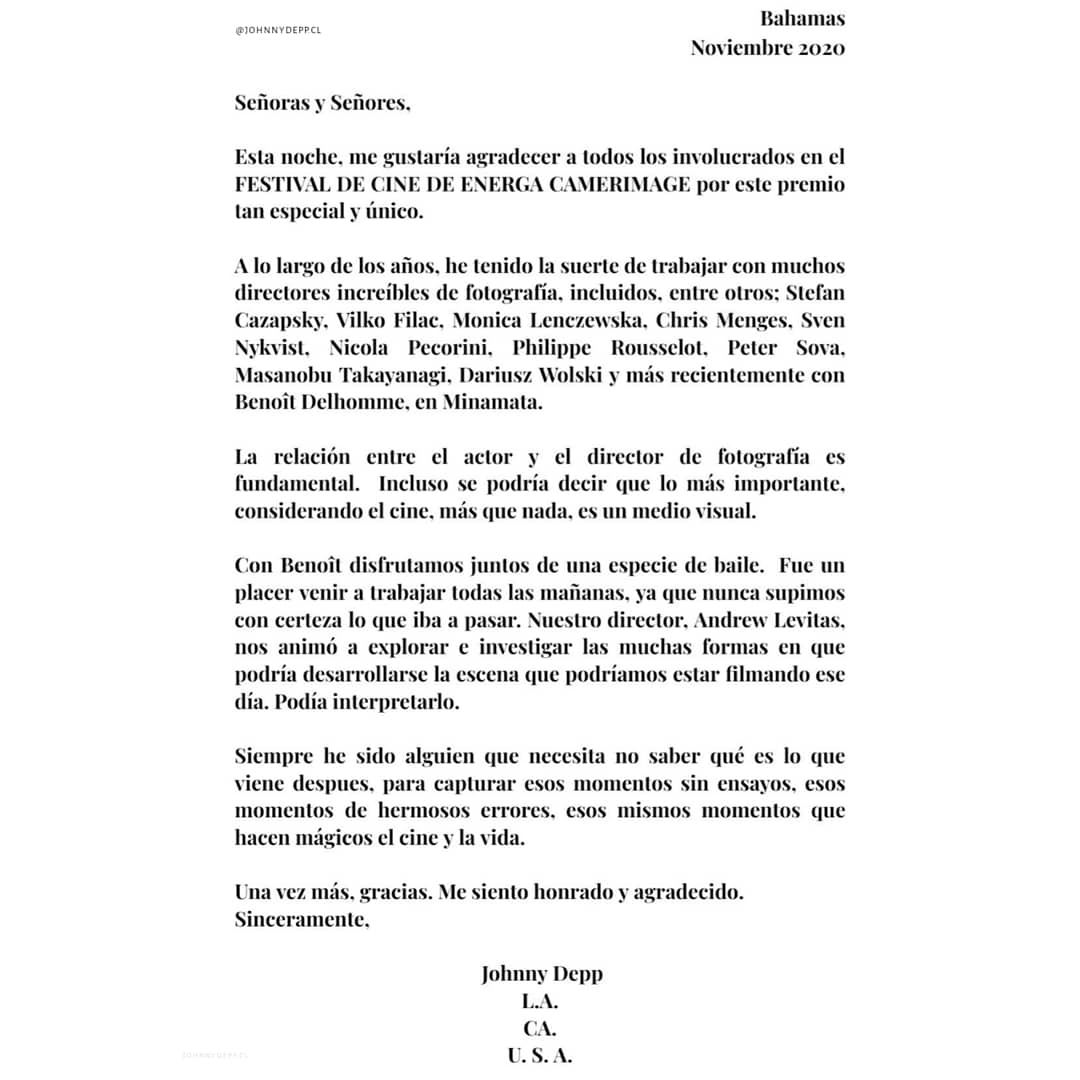 JDeppChile's tweet image. Nuestro querido #JohnnyDepp ganó el premio &quot;Actor con sensibilidad visual única en el Festival de Cine EnergaCamerimage! 
Johnny agradeció a través de está foto y carta! 
Felicitaciones para Johnny! Totalmente merecido 👏  #energacamerimage #awards2020