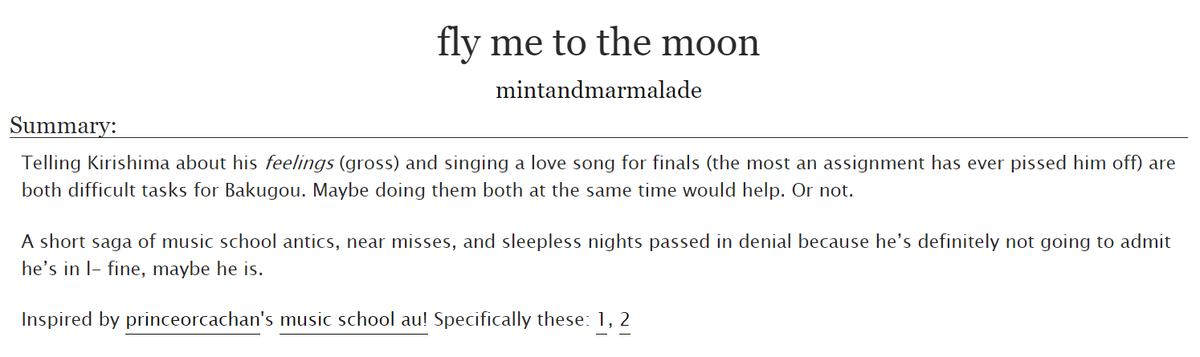 fly me to the moon by  @eijiroukiriot- rated T, 29k, complete- music school au. everything about this fic is so fresh man I was new to krbk when i read this and it just. made me love krbk more adjkhfskjf https://archiveofourown.org/works/15201968 