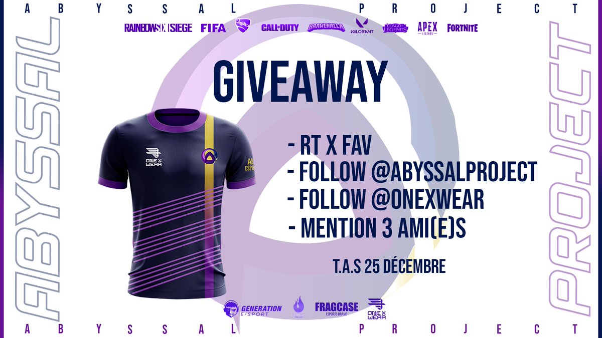 🚨 [NOUVEAU MAILLOT] 🚨

🎁 Pour la sortie de notre nouveau maillot, on vous offre un maillot Abyssal Project 🎁

Pour participer : 

🔄RT  X FAV❤
🔹Follow @AbyssalProject 
🔹Follow <a href="/OneXWear/">One X™</a> 
🔹️Identifier 3 ami(e)s

🎁T.A.S le 25/12 ! 🎁