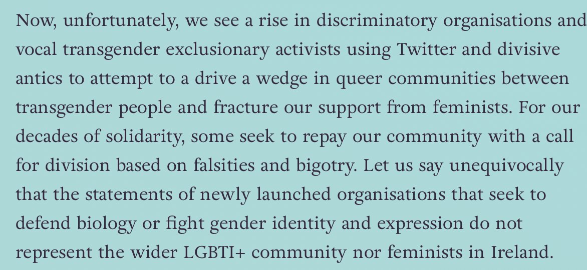 This is obviously a dig at  @Ire_LGBAlliance and grassroots feminist groups like  @TCDFFT though they didn't have the ovaries to name them. I assume that's because they know accusing feminists and LGB people analysing their oppression and fighting for change of "bigotry" is bs. >