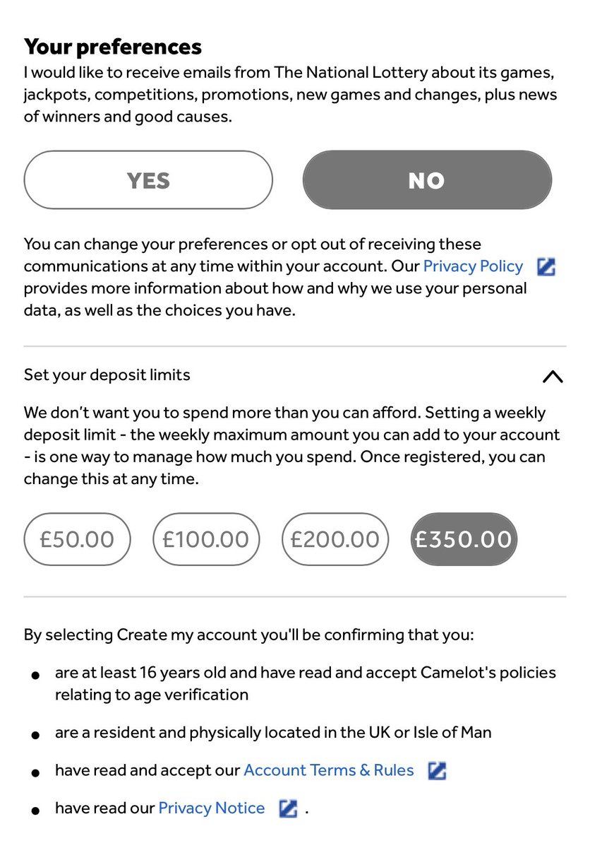 CutnCraftD's tweet photo. @NationalLottery @LottoGoodCauses pre selected on a £350 per week limit! And a £50 a week limit as the minimum! Wow! You don’t have to be a gambler to know that this is far to high for a weekly limit to be “suggested” at the onset. Suggested I mean by “pre selected” https://t.co/NHSu6UZOK5
