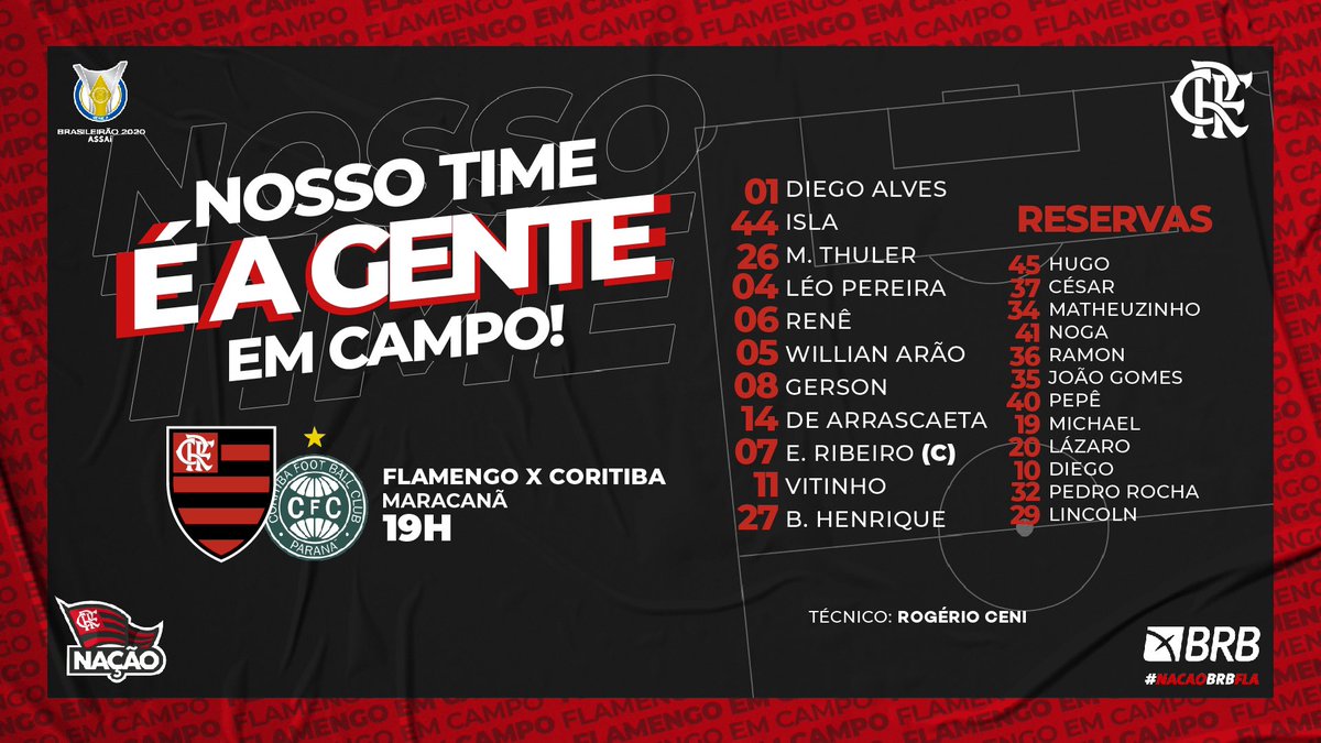 Flamengo's tweet photo. Nosso Time é a Gente Em Campo! O Mengão está escalado para enfrentar o Coritiba, no Maracanã, pelo Brasileirão. Pra cima! #FLAxCOR #VamosFlamengo https://t.co/zCWd36jUMy