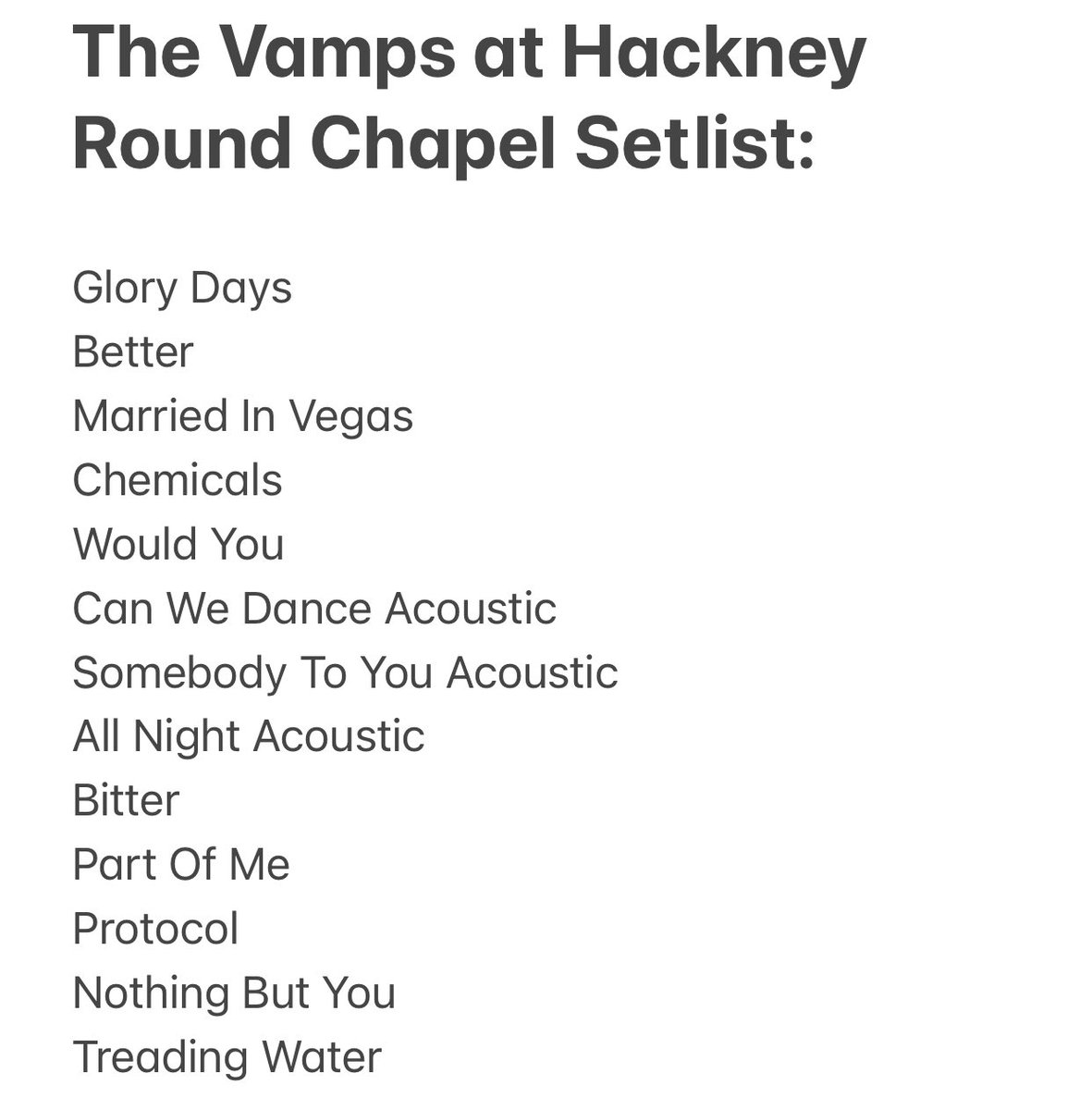 The Vamps setlist for Hackney Round Chapel #TheVampsGlobalConcert