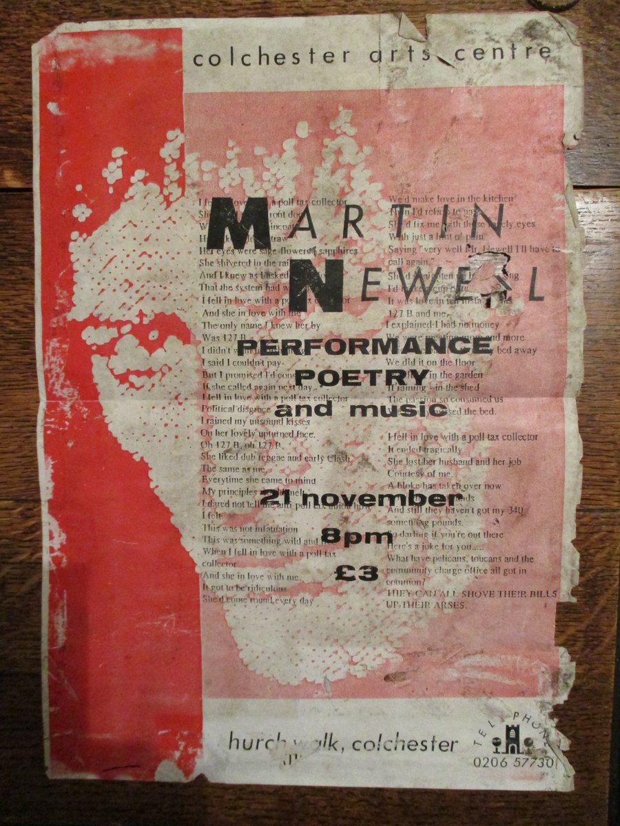 Cleaners_Venus1's tweet photo. Earlier this year, breaking up an old kitchen cabinet for collection, on the side  I found an old poster. I peeled the poster off and shoved into a book to flatten it out. I realised that it was the only surviving poster for my first-ever proper poetry gig. 30 years ago tonight, https://t.co/I9FKhiumy9