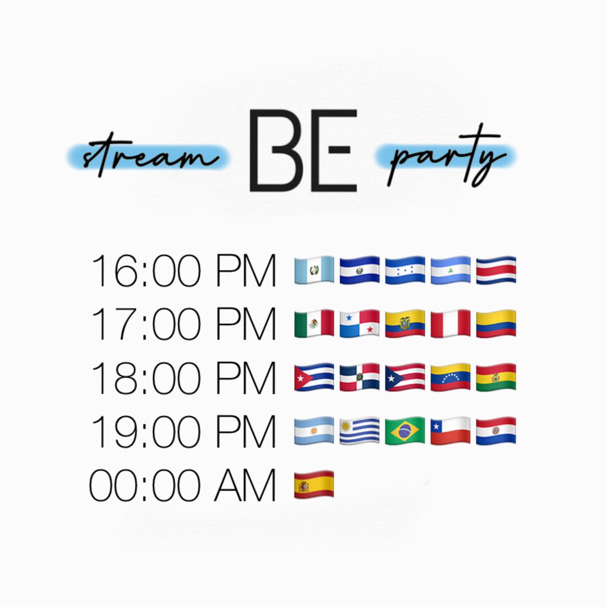sugadhope's tweet photo. 🚨STREAM BE PARTY🚨
Se está organizando una dinámica de stream para que todas las canciones de BE entren al hot100. Cada país tiene designadas las canciones a las cuales enfocarse en Spotify y YouTube
🚨RT para que llegue a más personas🚨 https://t.co/KDQRezi9HW