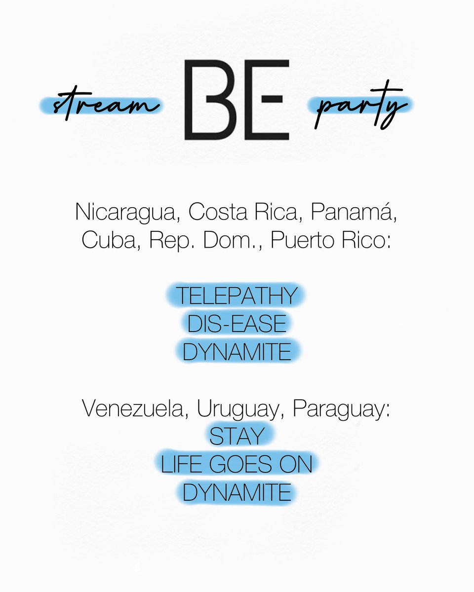sugadhope's tweet photo. 🚨STREAM BE PARTY🚨
Se está organizando una dinámica de stream para que todas las canciones de BE entren al hot100. Cada país tiene designadas las canciones a las cuales enfocarse en Spotify y YouTube
🚨RT para que llegue a más personas🚨 https://t.co/KDQRezi9HW