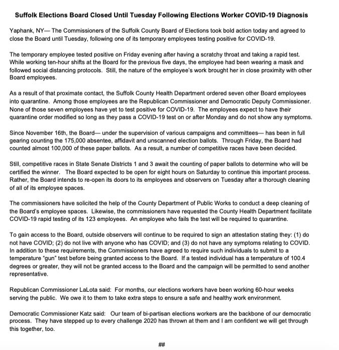 CommishLaLota's tweet photo. Suffolk BOE will be closed on Monday for cleaning and employee rapid-testing following an Election Worker’s COVID-19 positive test.  We’ll be back to counting the remainder of 175,000 paper ballots on Tuesday! https://t.co/KAdFSVvSiT
