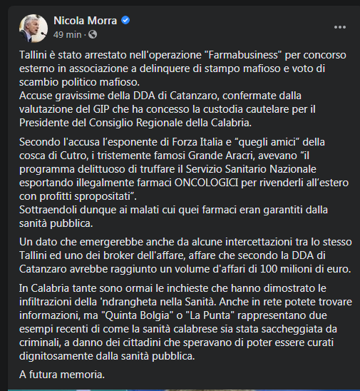 kiara86769608's tweet photo. Bisogna condividere a più non posso questo post perché il caso Morra , come lo definiscono i detrattori, è stato un vero e proprio diversivo per evitare che si desse importanza a questa notizia, la vera notizia🗞Tallini è stato arrestato nell'operazione "Farmabusiness"❗ https://t.co/nxUqLq1p1x