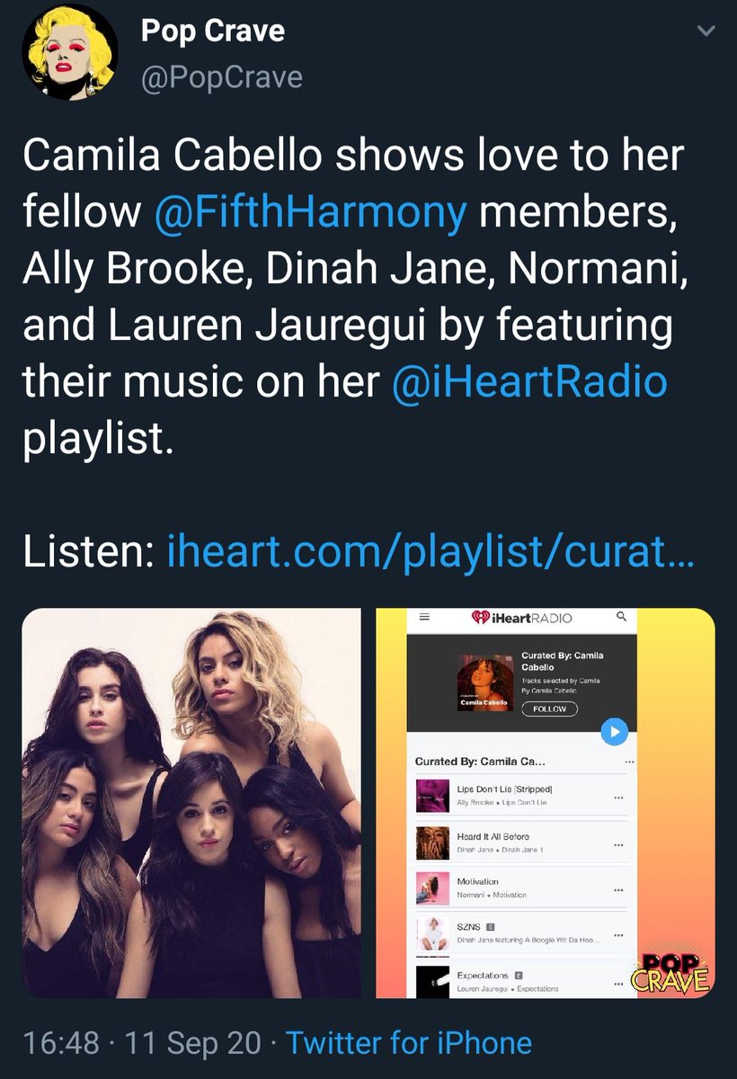 Camila featuring the 5h girls solo music on her I heart radio playlist