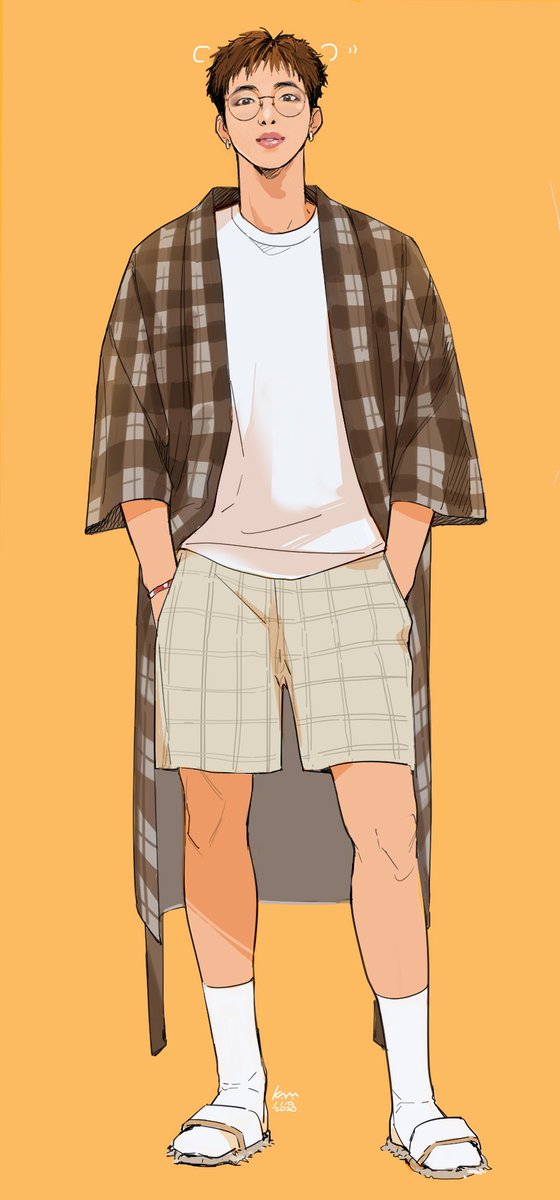 solo male focus 1boy glasses shorts full body shirt  illustration images