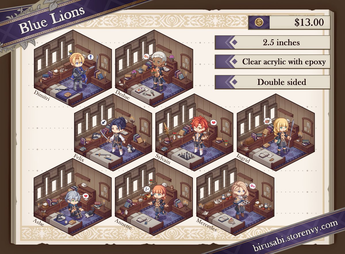 birusabi's tweet photo. [RTs💖]
Preorders for my FE3H Dorm Room charms are now reopen! 

✨https://t.co/YfukMX1yc9✨

Preorders end Dec 12th at midnight PST and will ship around late December to early January! Thank you for looking! 
#FireEmblemThreeHouses #FE3H https://t.co/7Vz9ZDtdeo