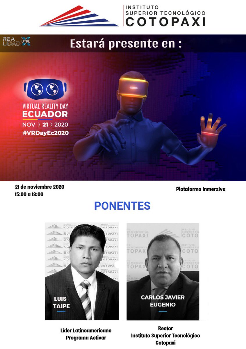 istcotopaxi's tweet photo. #ISTC presente en este evento virtual desarrollado en todo el mundo a través de ##CuidemonosPlayUTPL
#VRDayEc2020 #UTPL. Participamos con el Programa #Activar @agustinalbanm https://t.co/2YPW5QhTwP