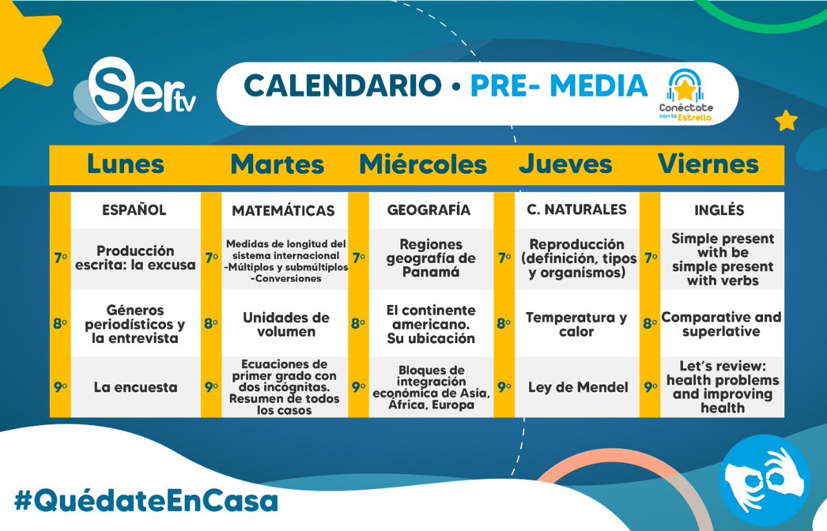 SERTVPANAMA's tweet photo. ¡Atención, chic@s! Si eres estudiante de #PreMedia, #ConéctateConLaEstrella esta semana a partir de las 11AM por @tvmaxdeportes. Aquí te dejamos el calendario para esta semana del lunes 23 al viernes 27 de noviembre.

@meducapma
#ProtégetePanamá
#TodosSomosPanamá https://t.co/hR6HDuHVin