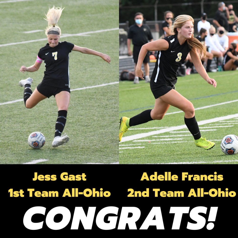 Congratulations to Jess Gast for earning 1st team All-Ohio and to Adelle Francis for earning 2nd team All-Ohio! Way to go, girls! #PburgProud #GoJackets 🐝⚽️