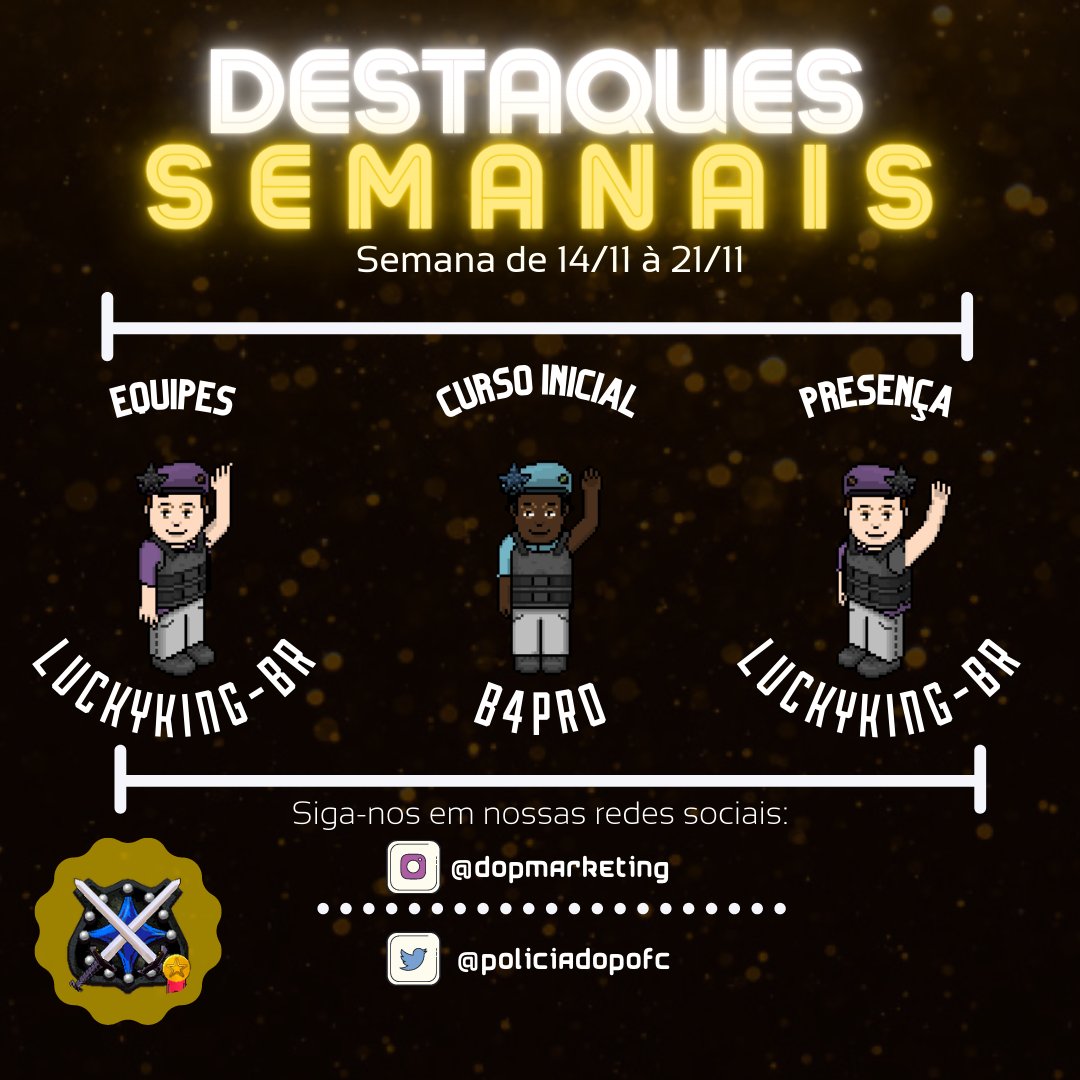 policedop's tweet photo. Chegou o tão esperado anúncio dos destaques semanais! Confira na lista abaixo: 

🏆 Curso Inicial 🏆
🥇 B4PRO
🥈 LuckykingBR
🥉 Yooda 

🏆 Equipes 🏆
🥇 LuckyKing-BR
🥈 Helena0989
🥉 dinozauro29 

🏆 Chamadas 🏆
🥇 LuckyKing-BR 
🥈 Yooda 
🥉 B4PRO 

Parabéns a todos! #DOPATÉOFIM https://t.co/ZrUP0PxZQ2