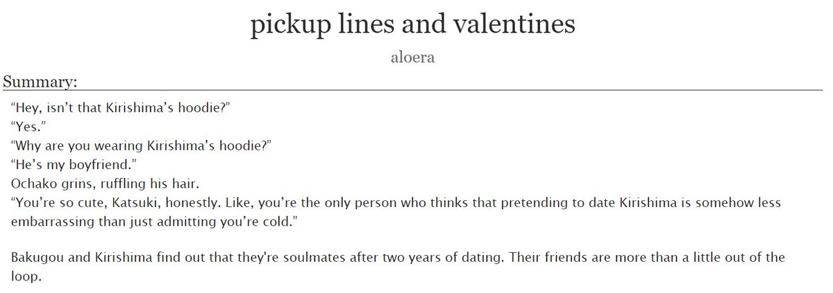 pickup lines and valentines by  @aloera- rated T, 5k, complete- krbk are soulmates and dating, except all their friends think they’re joking djfakhfasdfs https://archiveofourown.org/works/25497586 