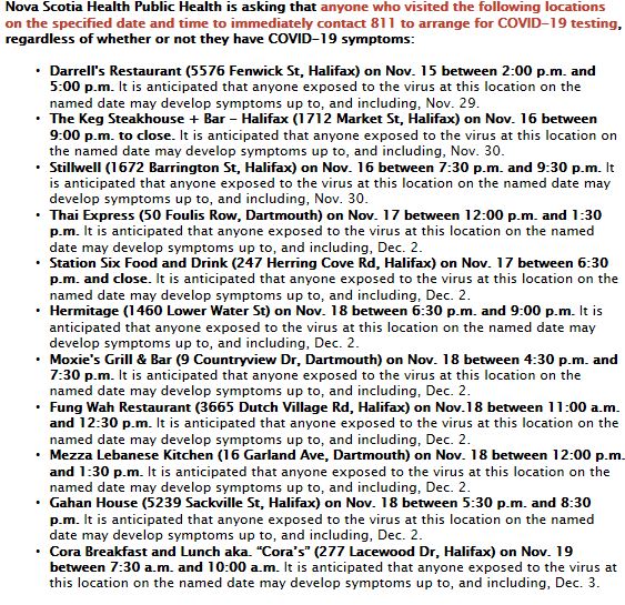 CityNewsHFX's tweet photo. BREAKING NEWS:  Nova Scotia Health releases a new list of potential exposures.  Anyone that was at these locations at the dates and times listed is asked to contact 8-1-1 https://t.co/2YvGNbnUAf