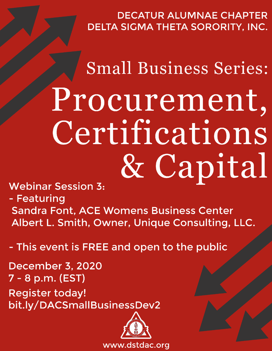 DSTDAC's tweet photo. The DAC Small Business Webinars offer expert advice and resources for growing your business.
Session 3: Procurement, Certifications and Capital with Sandra Font and Albert Smith
Register today: https://t.co/rzox7nfuD1
#DSTDAC https://t.co/9nvG3oCVw5