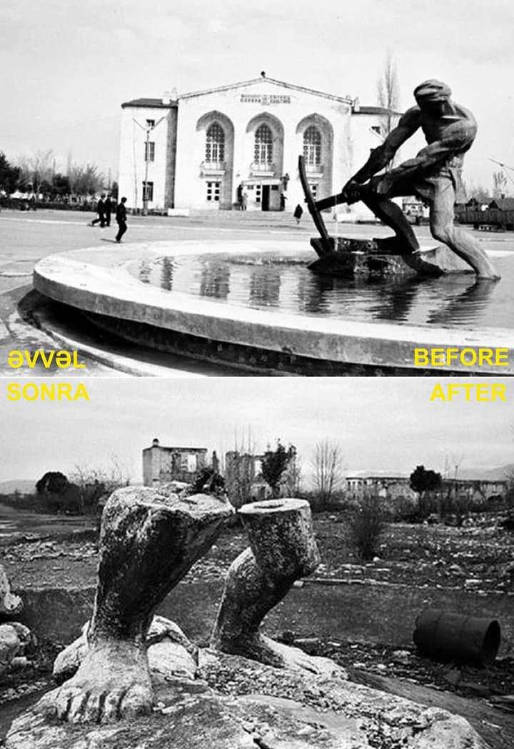 Tural_Ahma's tweet photo. The State Drama Theater in the center of Aghdam region...
Before and after #armenia occupied the territory.

#ArmenianVandalism 
#ArmenianWarCrimes https://t.co/CVYiosBoOi