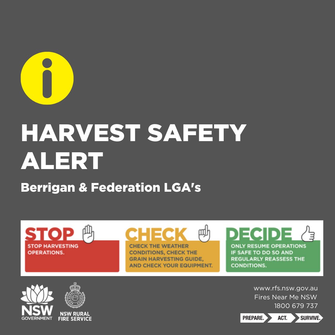 NSWRFS's tweet photo. Due to deteriorating weather conditions landholders undertaking harvest operations in the Berrigan and Federation LGAs are advised to stop and check weather conditions before deciding to continue. #NSWRFS https://t.co/sJ0WYJYEIr