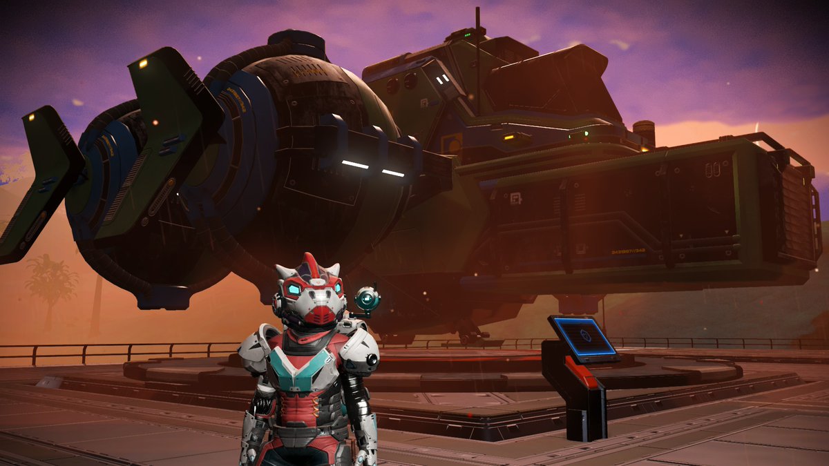 Captain_Admin's tweet photo. I've finally collected a decent version of my new favorite Hauler, Song of the Fuefu, in the #Space1 region of the @NMScafe Gamma region. Bearing the colors of our neighbors the #GalacticHub, this is one of two unique ship designs i've found in Rikskorte #NoMansSky #JustPlay https://t.co/M8r3mU03gn