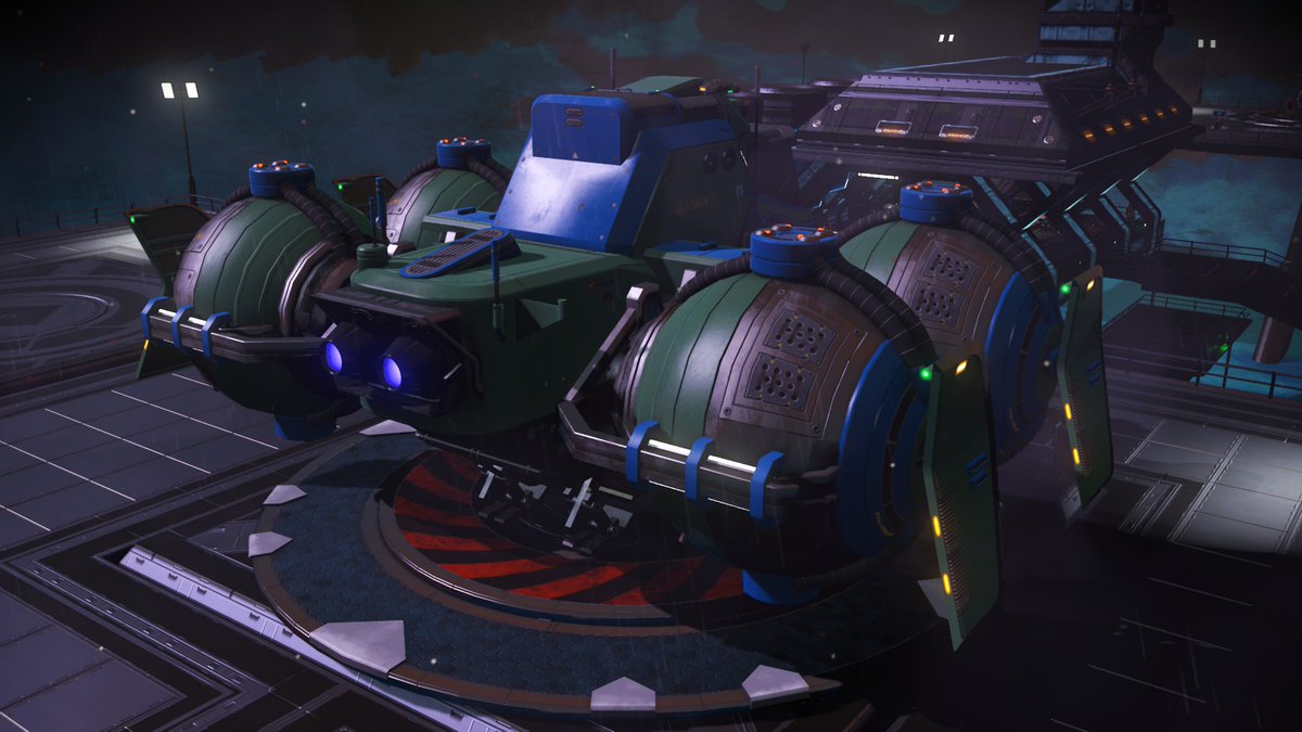 Captain_Admin's tweet photo. I've finally collected a decent version of my new favorite Hauler, Song of the Fuefu, in the #Space1 region of the @NMScafe Gamma region. Bearing the colors of our neighbors the #GalacticHub, this is one of two unique ship designs i've found in Rikskorte #NoMansSky #JustPlay https://t.co/M8r3mU03gn