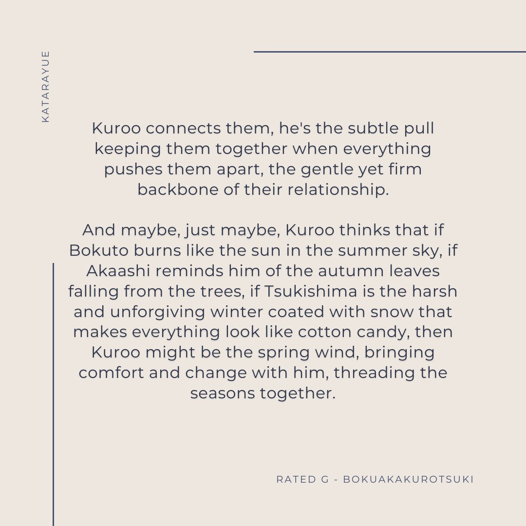 martialarcs's tweet photo. the world will always be there (and so will i)
Day 5: college AU | 12.5k | #bokuakakurotsuki
(very) late entry for #BAKTWeek2020
Four conversations, and Kuroo happens to be at the center of all of them.
https://t.co/hZIhTmzZFx https://t.co/zX0JMYSuLK