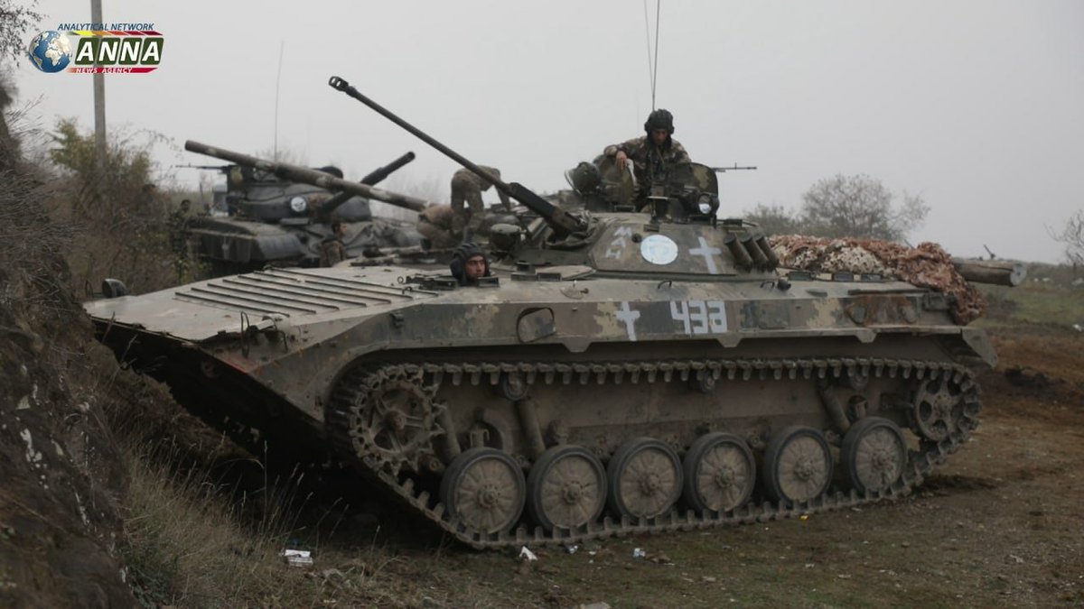 11. A damaged NKR/AR BMP-2 numbered 434 + 4 captured Ural trucks pictured in Shusha h/t  @khalfaguliyev. Note #434's sister vehicle (so in same platoon) was also filmed by ANNA fighting on the Shusha - Lacin road on approx 5 or 6 Nov. Number censored in film but not in ANNA pic.