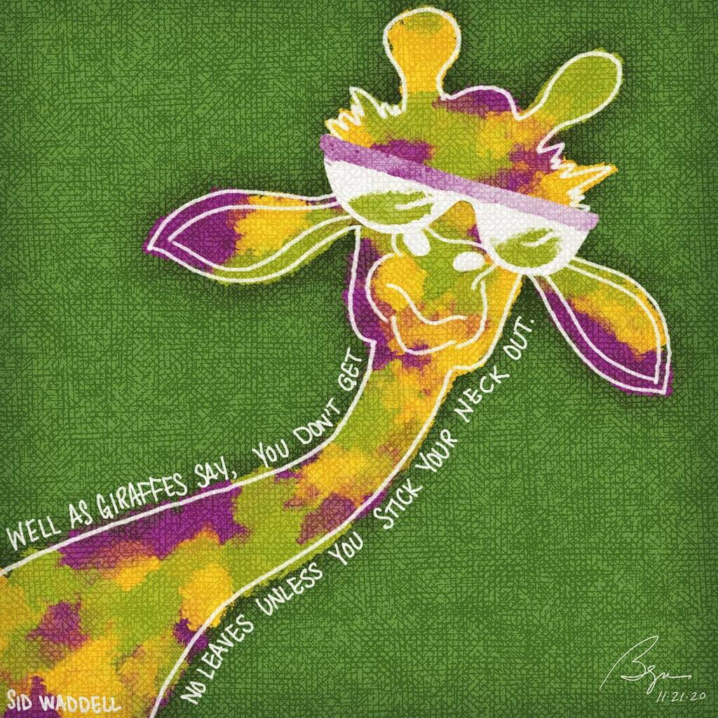 bethnyland's tweet photo. "Well as giraffes say, you don't get no leaves unless you stick your neck out." (Sid Waddell)
.
#giraffe #neck #shades #leaves #takeachance #stickyourneckout #sidwaddell
.
#notice #illustration #visualart #visualverbal #art #artoftheday #quotes #everyday… https://t.co/iYFl9q7uLo https://t.co/eHQoj39sCV