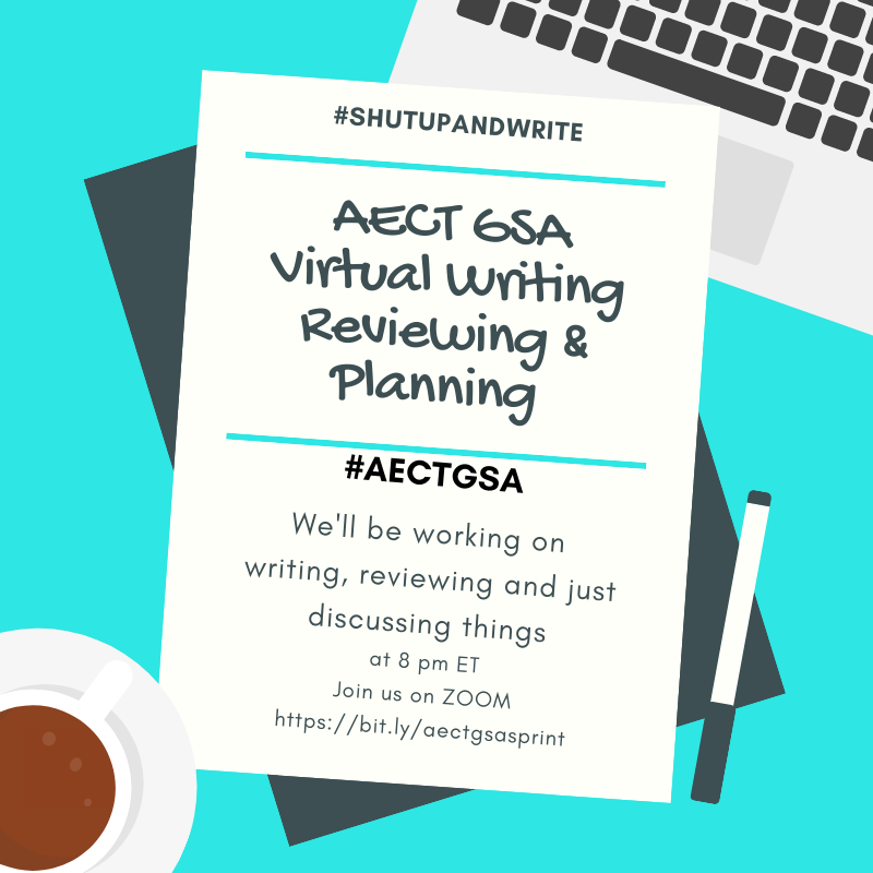 gsa_aect's tweet photo. Join us on Monday!!! We're continuing our AECT GSA Virtual Writing Sprints Go to the AECT GSA facebook for the Zoom link. #aectgsa #aect2020 #aect20 https://t.co/6mCIvWy8cm