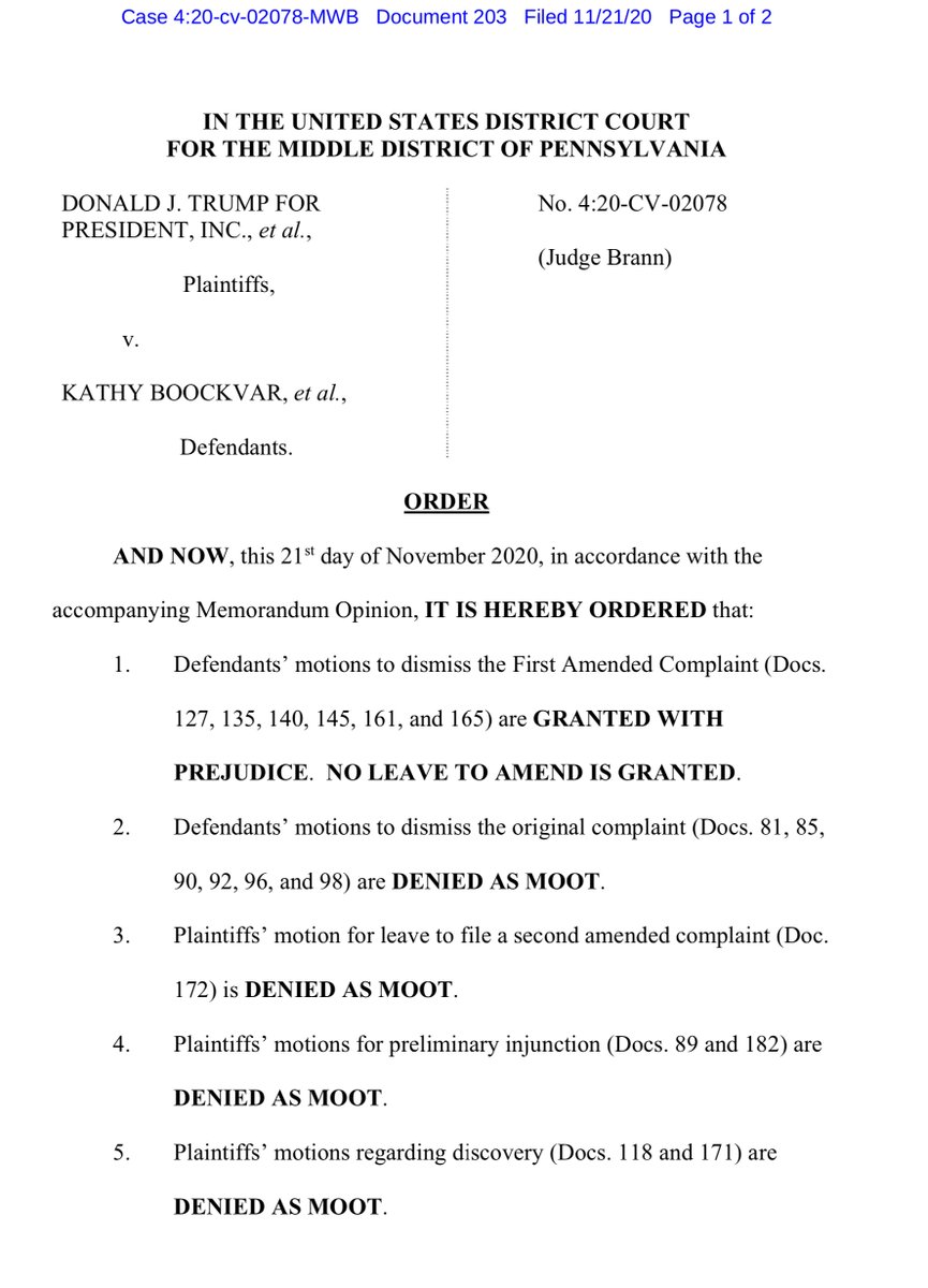 BREAKING - FINALLYORDER (memorandum filed previously as separate docket entry) - IT IS HEREBY ORDERED that Defendants' 127 135 140 145 161 165 motions to dismiss the First Amended Complaint are GRANTED WITH PREJUDICE. NO LEAVE TO AMEND IS GRANTED https://ecf.pamd.uscourts.gov/doc1/15517440657