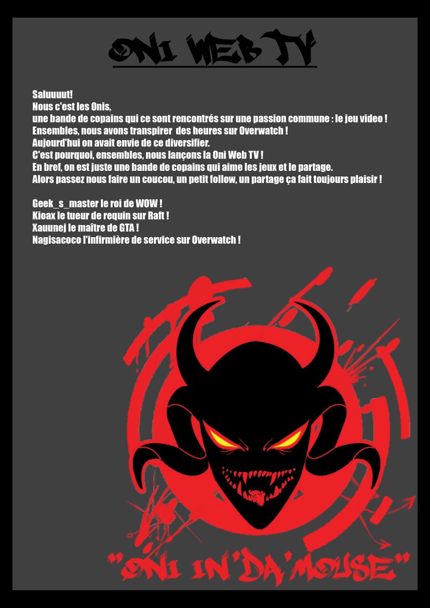 Rendez-vous demain soir à 18h !! 
twitch.tv/oni_in_da_mouse