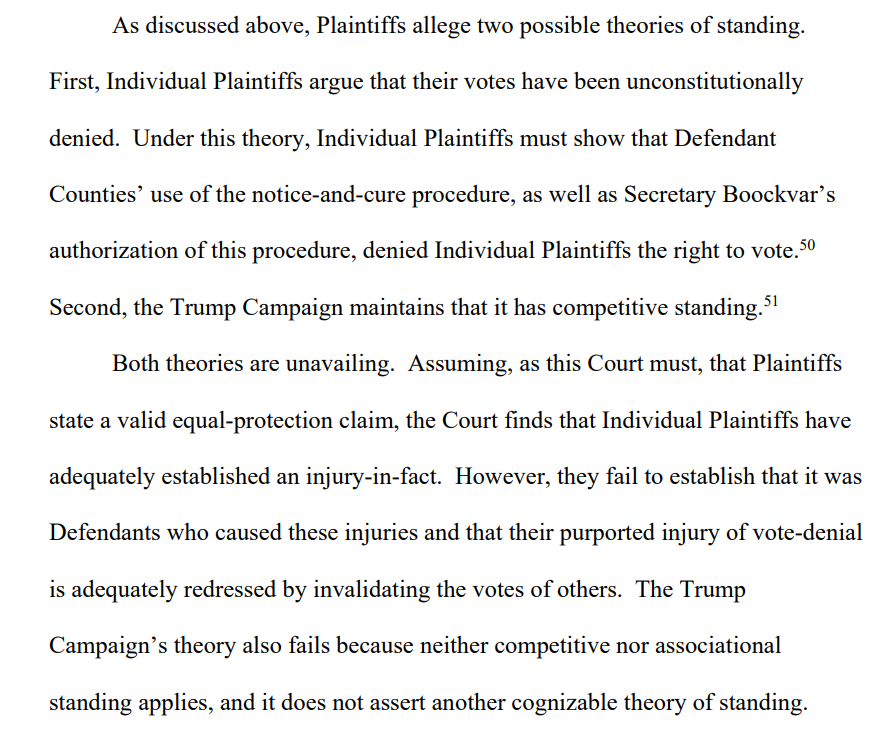 The court rules that both the Trump campaign and its two attempted-voter plaintiffs lack standing to bring the case.