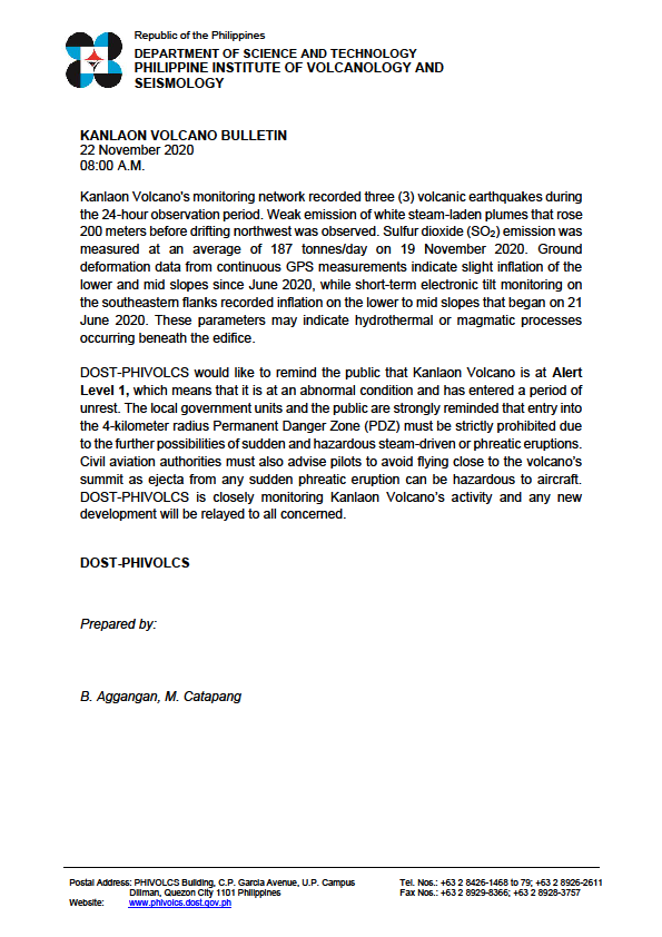 xandz34's tweet image. From @phivolcs_dost 

KANLAON VOLCANO BULLETIN
22 November 2020
08:00 A.M.

#KanlaonVolcano #bulkan #volcano #kanlaonvolcanoes #bulkangkanlaon #volcanoph 

phivolcs.dost.gov.ph/index.php/kanl…