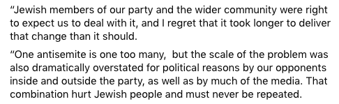 Honestly don't know why I'm bothering but these are Corbyn's own words 30 minutes after the EHRC report: slow processes for suspending people from Labour (which were rectified) combined with hostile forces to dramatically exaggerate the issue.This is what "hurt Jewish people."