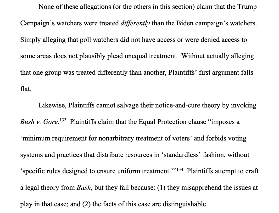 The ruling is just a wholesale evisceration of the Trump legal team's argument and even their competence. He indicates that they misunderstood basic legal tenets and are seeking remedies — like tossing hundreds of thousands of votes — that don't remotely match the complaint.