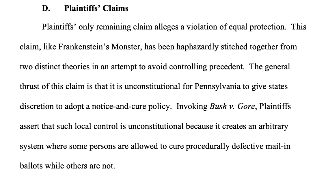 The ruling is just a wholesale evisceration of the Trump legal team's argument and even their competence. He indicates that they misunderstood basic legal tenets and are seeking remedies — like tossing hundreds of thousands of votes — that don't remotely match the complaint.