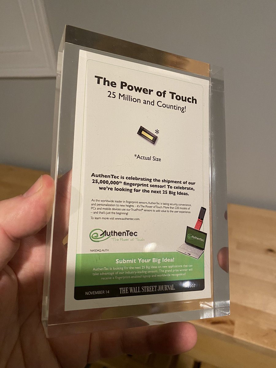 Mike Evans (@mikeev) on Twitter photo Old desk decoration from AuthenTec (which was later purchased and transformed into Apple’s TouchID). cc <a href="/fscottmoody/">F Scott Moody</a> Old desk decoration from AuthenTec (which was later purchased and transformed into Apple’s TouchID). cc <a href="/fscottmoody/">F Scott Moody</a>