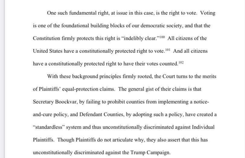 In addition the destroying the Trump campaign’s made-up standing theory, the judge also brutalizes their equal protection claim on the merits. Good for him!