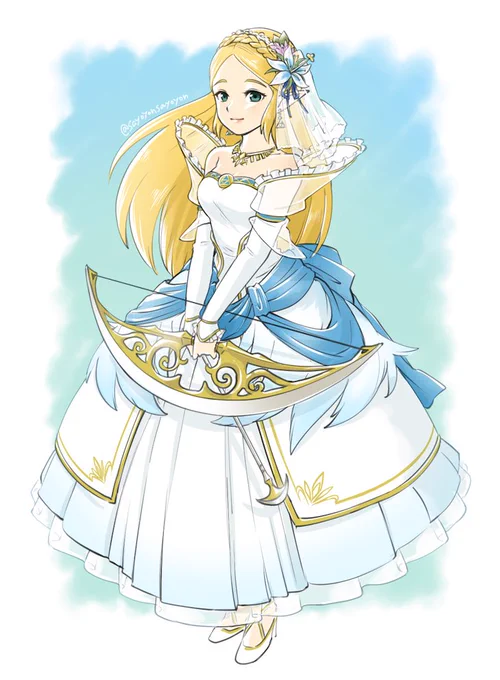 【本日の過去絵ピックアップ】
～ブレワイ×FE～
姫様に、FEの兵種である『花嫁』風なコスチュームを身にまとった姿を想像して描いた時のイラスト。

兵種『花嫁』の要素とブレワイ内での服装を掛け合わせながら描きました。 