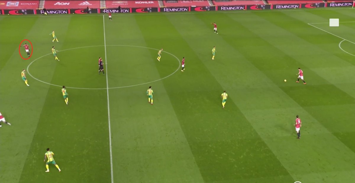 5': Martial starts in an offsides position here, and, that may seem bad, but this is actually what you're looking for more of from him. On the shoulder, attempting to exploit inefficiencies in the offsides trap. Maguire opts instead for Rashford, though, who is onside.