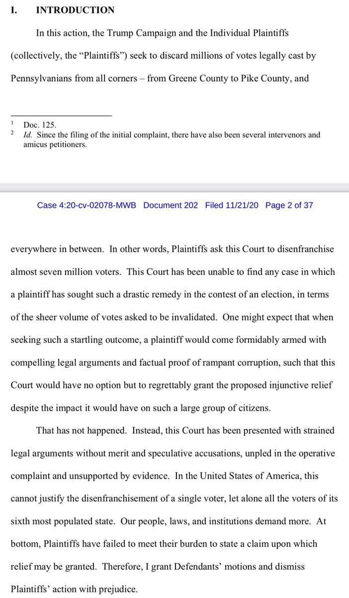 As expected, Judge Brann has dismissed the Trump campaignâs broad-based challenge to Pennsylvaniaâs election results, including its effort to throw out *all* mail-in ballots. And he has a few choice words for Trumpâs lawyers along the way.
In lay terms, itâs a total shellacking. https://t.co/91L9glgMfI https://t.co/xnYfeTNNCE