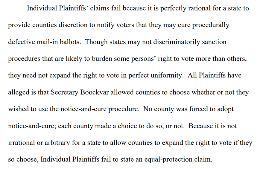 The court says it is "perfectly rational for a state to provide counties discretion to notify voters that they may cure procedurally defective ballots." This is not an Equal Protection violation.